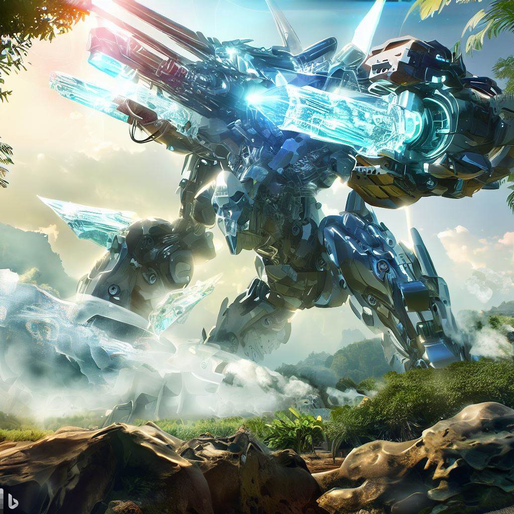 giant future mech dragon with glass body firing guns in jungle, wildlife and rocks in foreground, smoke, detailed clouds, lens flare, fish-eye lens 8.jpg